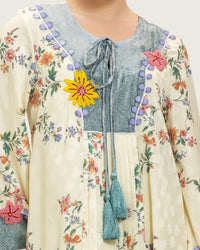 Cream Floral Maxi Kaftan Dress with Embroidery & Front Tie - Noētic