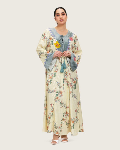 Cream Floral Maxi Kaftan Dress with Embroidery & Front Tie - Noētic
