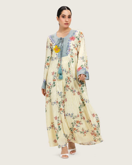Cream Floral Maxi Kaftan Dress with Embroidery & Front Tie - Noētic