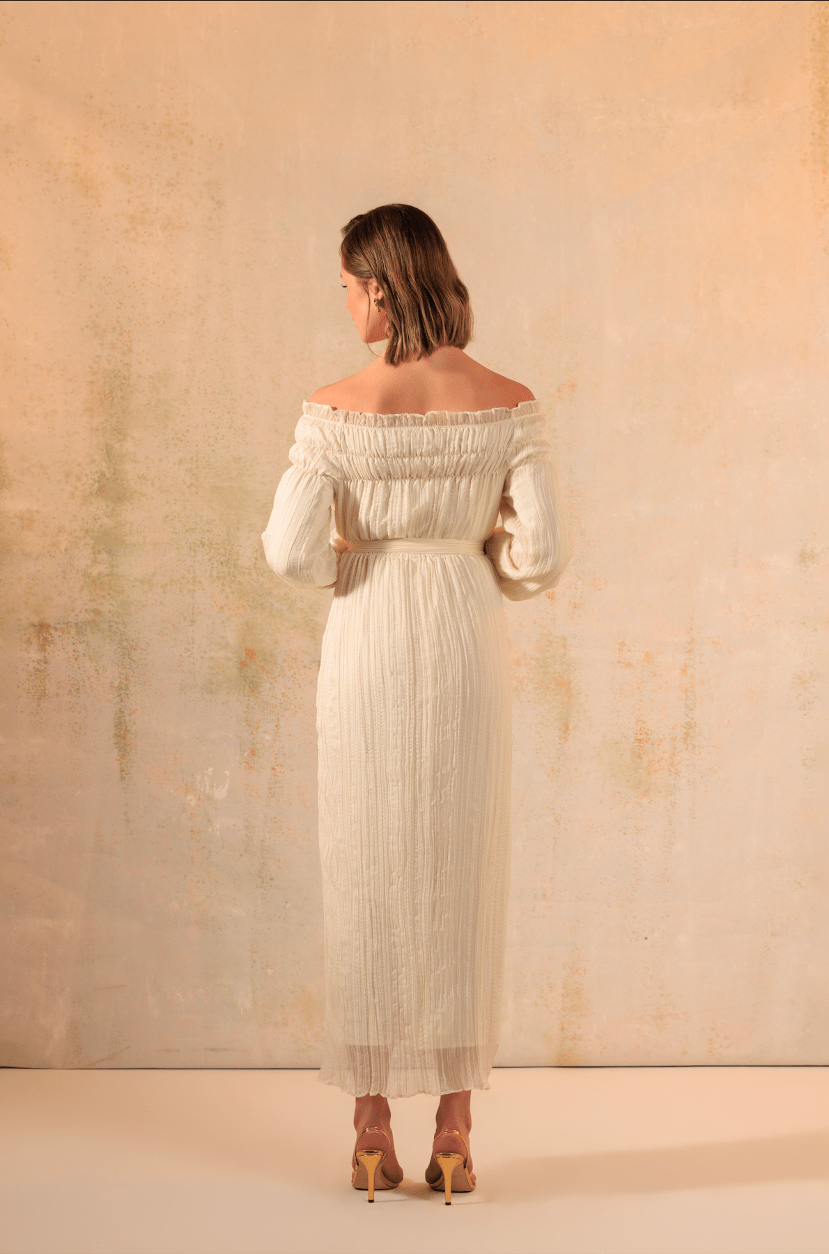 Cream Off-Shoulder Crinkled Chiffon Dress - Noētic