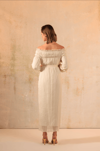 Cream Off-Shoulder Crinkled Chiffon Dress - Noētic