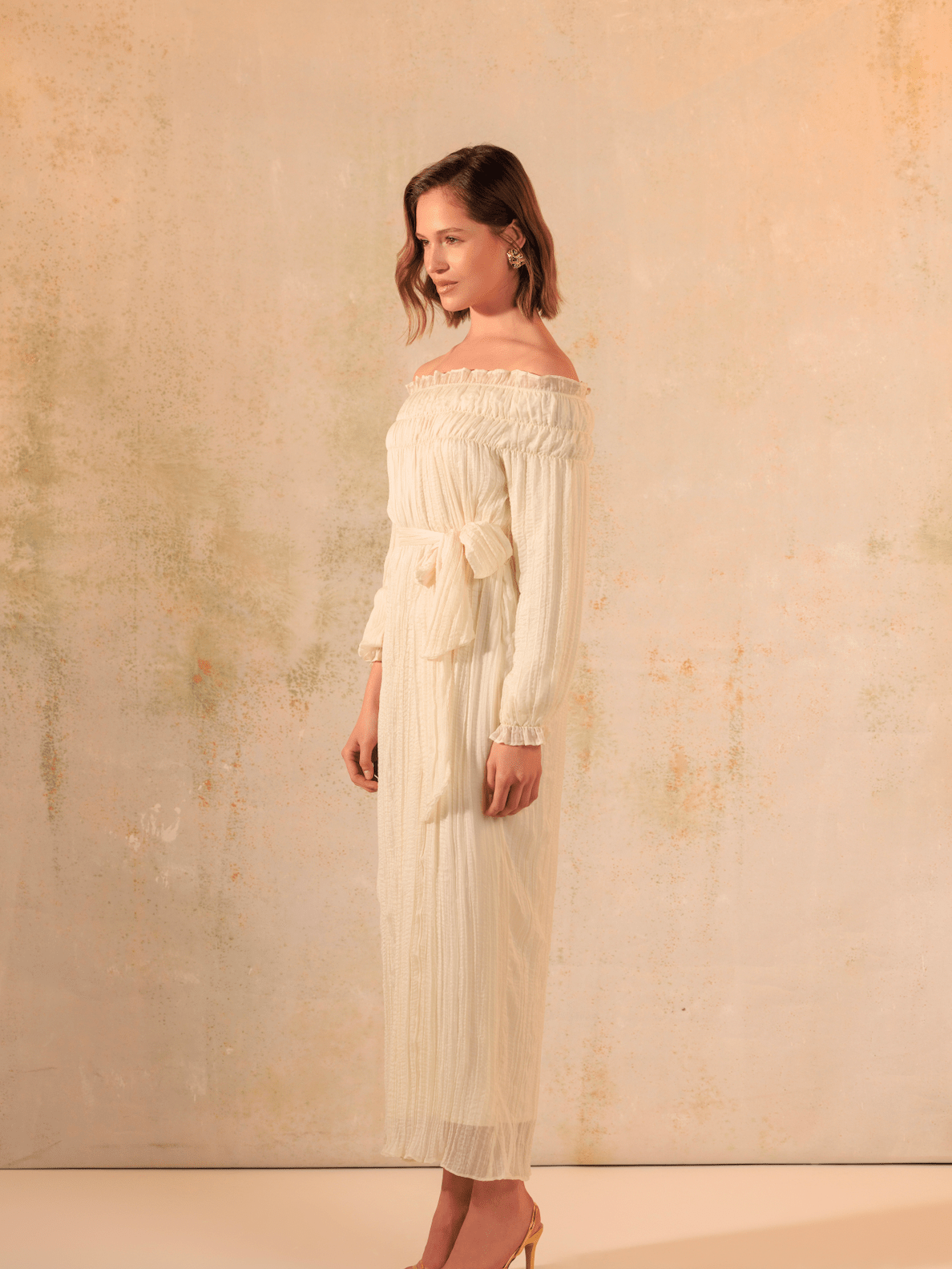 Cream Off-Shoulder Crinkled Chiffon Dress