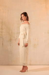 Cream Off-Shoulder Crinkled Chiffon Dress - Noētic