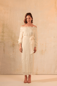 Cream Off-Shoulder Crinkled Chiffon Dress - Noētic