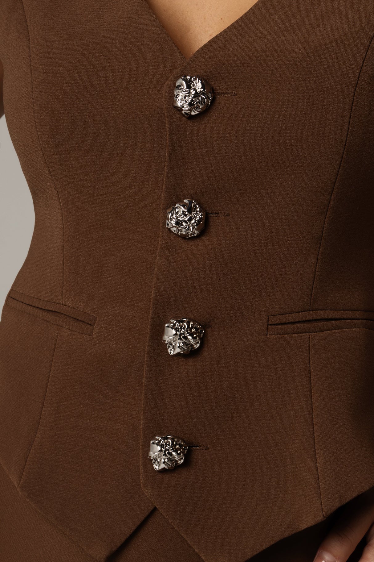 Crepe Co-ord Vest with Button Details in Brown - Noētic