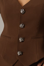 Crepe Co-ord Vest with Button Details in Brown - Noētic