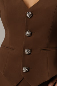 Crepe Co-ord Vest with Button Details in Brown - Noētic