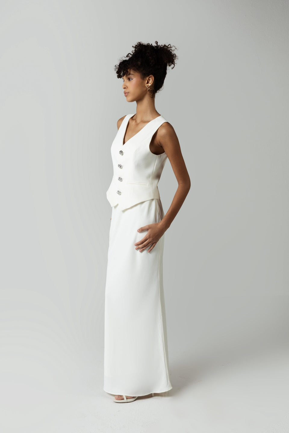 Crepe Co-ord Vest with Button Details in White - Noētic