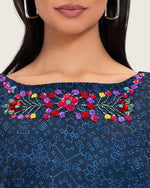 Dark Blue Printed Maxi Kaftan with Hand Embroidery & Relaxed Fit - Noētic