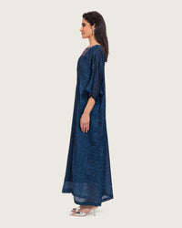 Dark Blue Printed Maxi Kaftan with Hand Embroidery & Relaxed Fit - Noētic