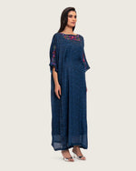 Dark Blue Printed Maxi Kaftan with Hand Embroidery & Relaxed Fit - Noētic