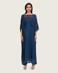 Dark Blue Printed Maxi Kaftan with Hand Embroidery & Relaxed Fit - Noētic