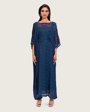 Dark Blue Printed Maxi Kaftan with Hand Embroidery & Relaxed Fit - Noētic