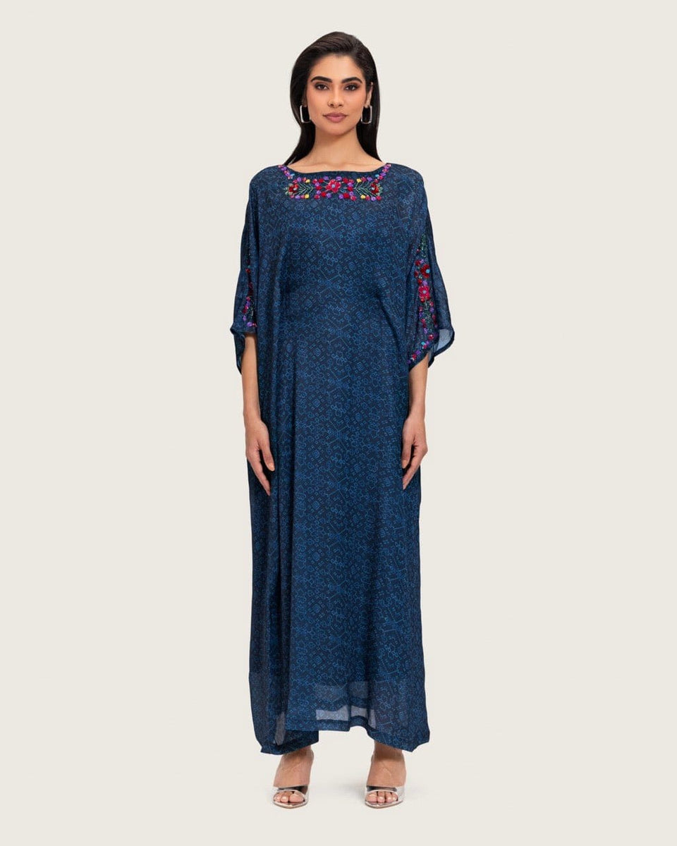 Dark Blue Printed Maxi Kaftan with Hand Embroidery & Relaxed Fit - Noētic