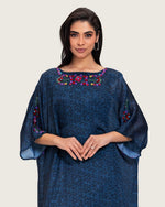 Dark Blue Printed Maxi Kaftan with Hand Embroidery & Relaxed Fit - Noētic