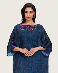 Dark Blue Printed Maxi Kaftan with Hand Embroidery & Relaxed Fit - Noētic