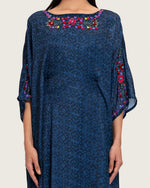 Dark Blue Printed Maxi Kaftan with Hand Embroidery & Relaxed Fit - Noētic