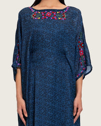 Dark Blue Printed Maxi Kaftan with Hand Embroidery & Relaxed Fit - Noētic