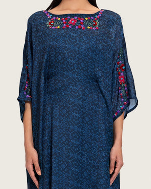 Dark Blue Printed Maxi Kaftan with Hand Embroidery & Relaxed Fit - Noētic
