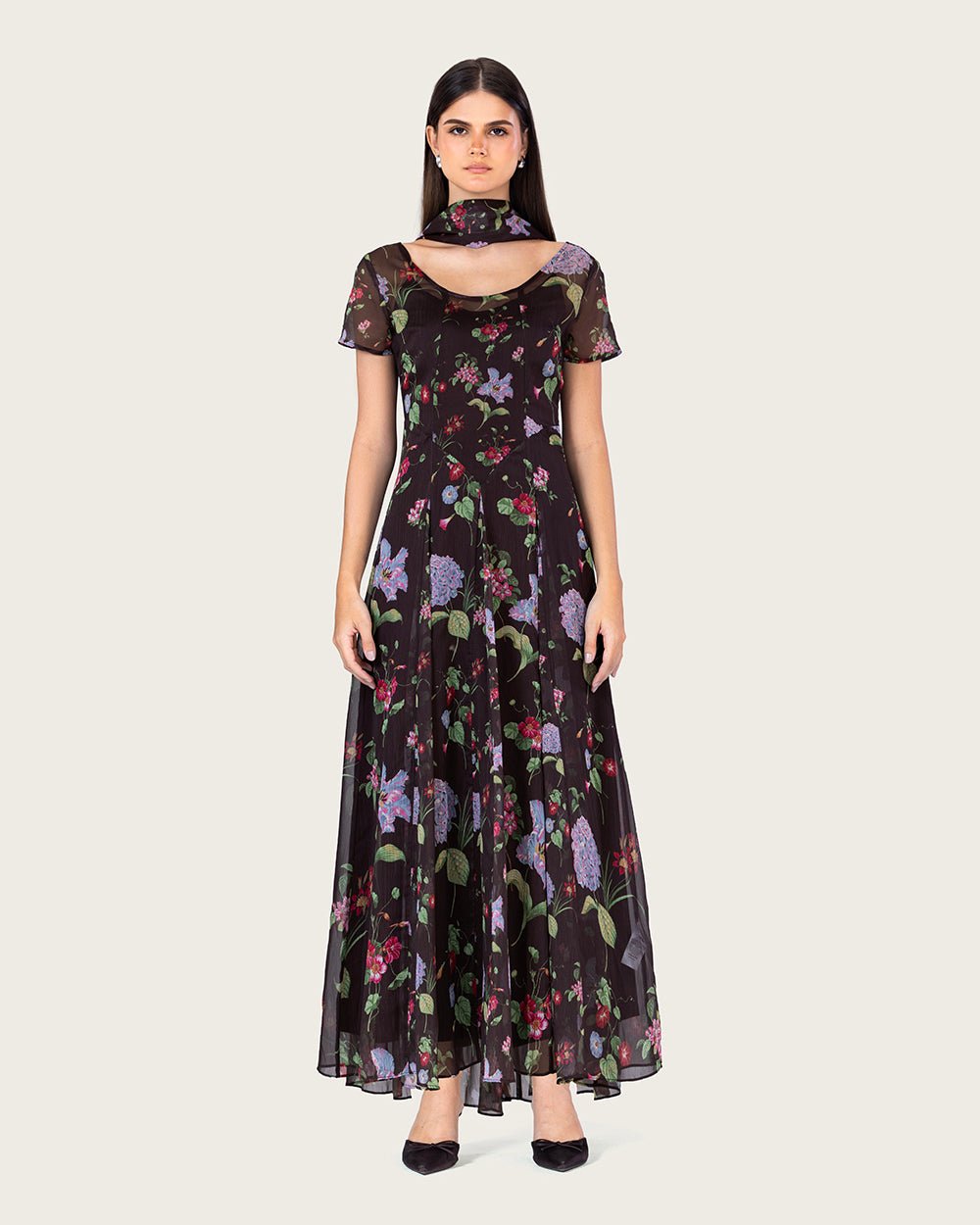 Dark Floral Chiffon Ankle Length Dress with Sheer Overlay - Noētic