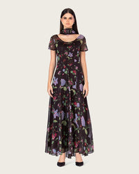 Dark Floral Chiffon Ankle Length Dress with Sheer Overlay - Noētic
