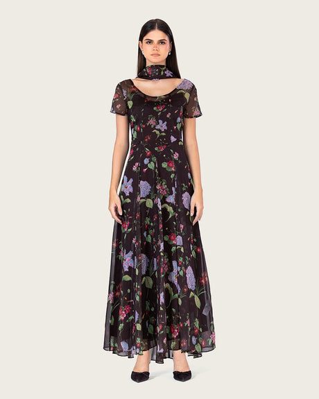 Dark Floral Chiffon Ankle Length Dress with Sheer Overlay - Noētic