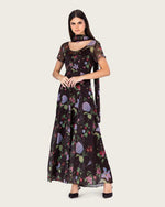 Dark Floral Chiffon Ankle Length Dress with Sheer Overlay - Noētic