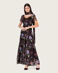 Dark Floral Chiffon Ankle Length Dress with Sheer Overlay - Noētic