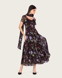 Dark Floral Chiffon Ankle Length Dress with Sheer Overlay - Noētic