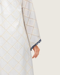 Embroidered Eyelet Ivory Kaftan Dress with Floral Details and Trims - Noētic