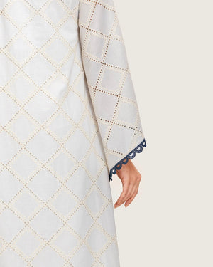 Embroidered Eyelet Ivory Kaftan Dress with Floral Details and Trims - Noētic