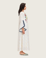 Embroidered Eyelet Ivory Kaftan Dress with Floral Details and Trims - Noētic