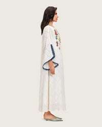 Embroidered Eyelet Ivory Kaftan Dress with Floral Details and Trims - Noētic