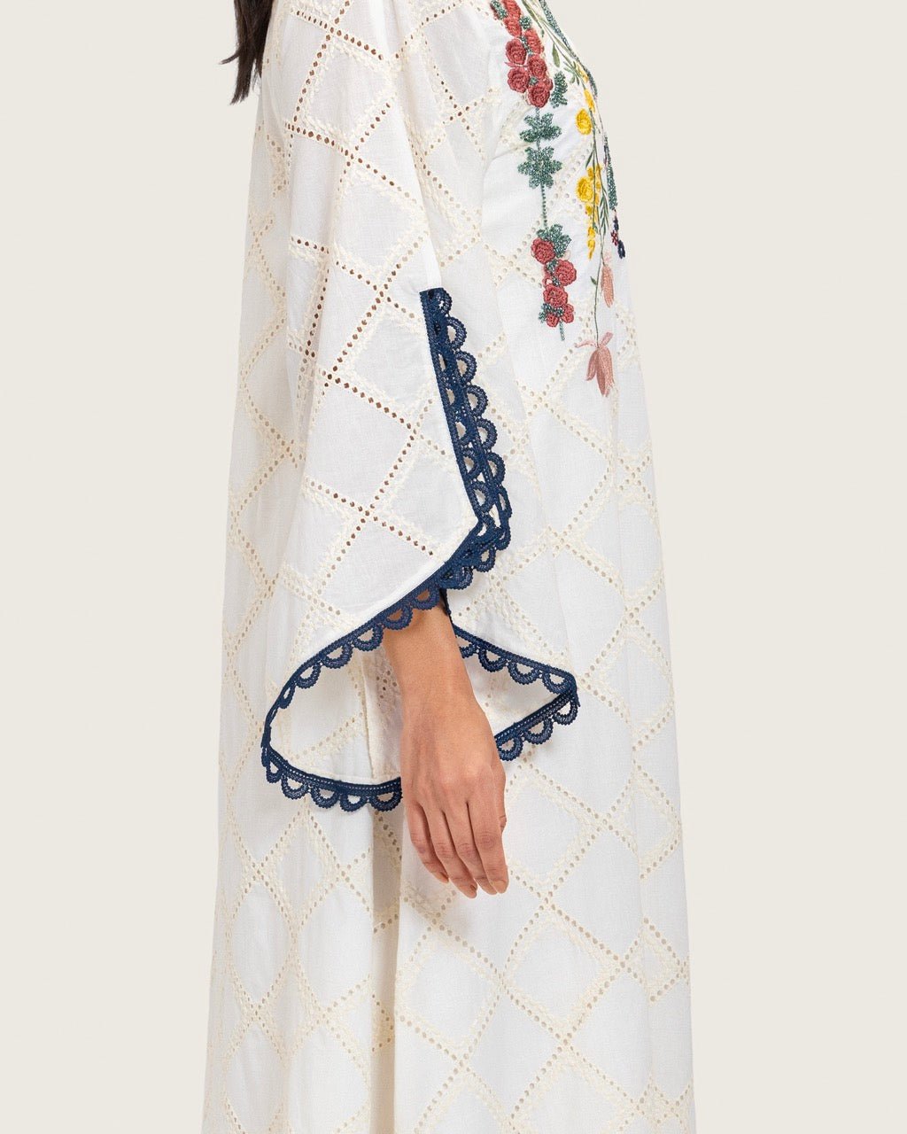 Embroidered Eyelet Ivory Kaftan Dress with Floral Details and Trims - Noētic