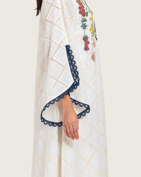 Embroidered Eyelet Ivory Kaftan Dress with Floral Details and Trims - Noētic