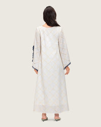 Embroidered Eyelet Ivory Kaftan Dress with Floral Details and Trims - Noētic