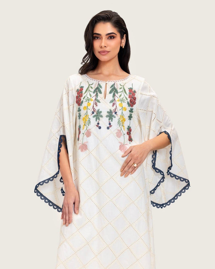 Embroidered Eyelet Ivory Kaftan Dress with Floral Details and Trims