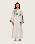 Embroidered Eyelet Ivory Kaftan Dress with Floral Details and Trims - Noētic