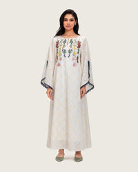 Embroidered Eyelet Ivory Kaftan Dress with Floral Details and Trims - Noētic