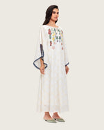 Embroidered Eyelet Ivory Kaftan Dress with Floral Details and Trims - Noētic