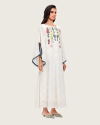 Embroidered Eyelet Ivory Kaftan Dress with Floral Details and Trims - Noētic