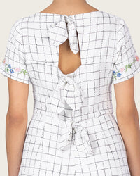 Embroidered Floral Linen Dress with Three Back Bows - Noētic