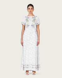 Embroidered Floral Linen Dress with Three Back Bows - Noētic