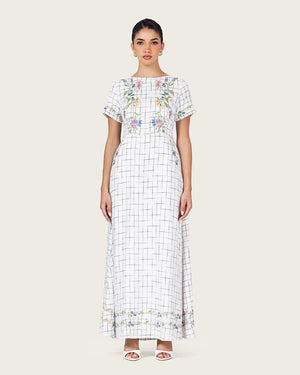 Embroidered Floral Linen Dress with Three Back Bows - Noētic