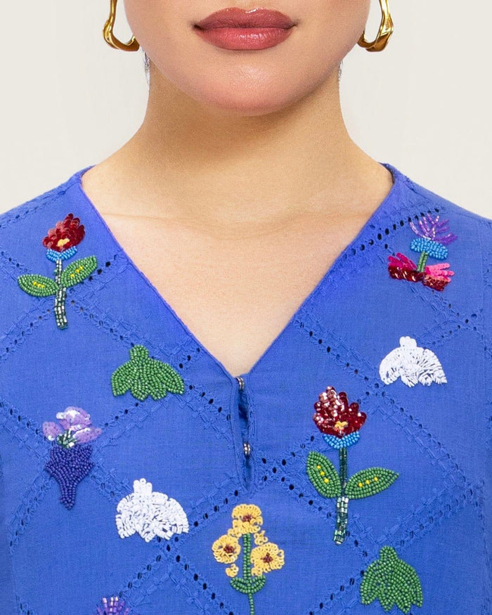 Eyelet Cotton A-Line Dress with Handmade Beaded & Sequin Details