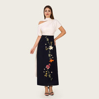 Floral Embroidered Color Block Maxi Dress with Draped Neckline - Noētic