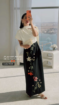 Floral Embroidered Color Block Maxi Dress with Draped Neckline - Noētic