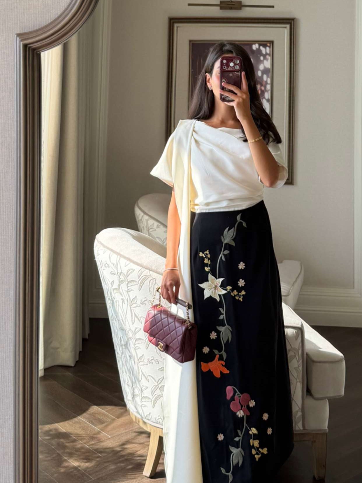 Floral Embroidered Color Block Maxi Dress with Draped Neckline - Noētic
