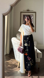 Floral Embroidered Color Block Maxi Dress with Draped Neckline - Noētic