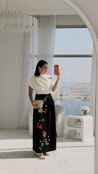 Floral Embroidered Color Block Maxi Dress with Draped Neckline - Noētic